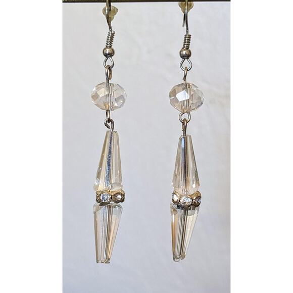Cut Crystal Rhinestone Rondelle Bead French Wire Dangle Earrings - Picture 5 of 5